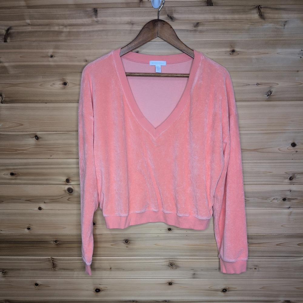 Beyond Yoga Women Coral Pink Terry V-Neck Pullover Sweatshirt Large cropped Fit